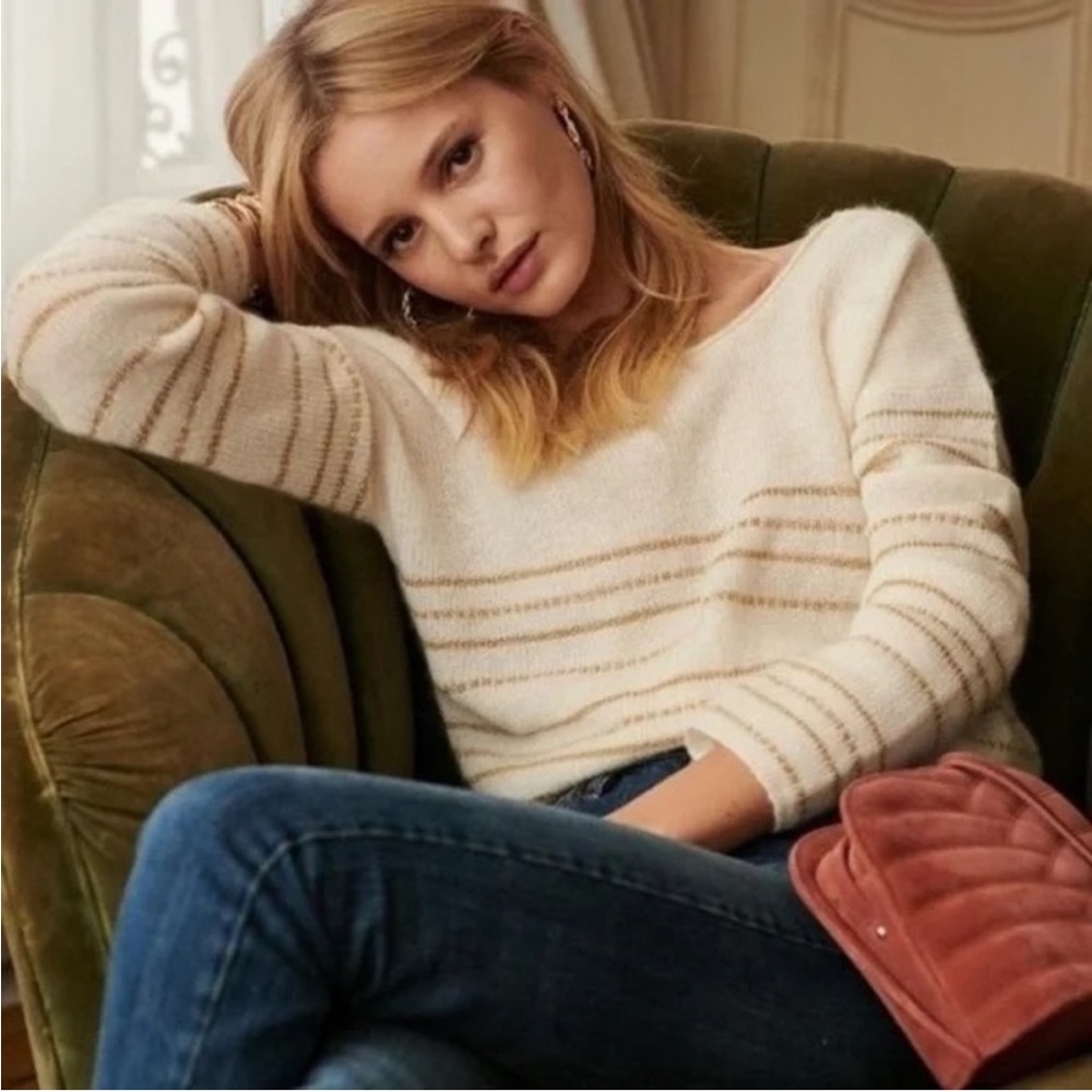 Sezane Ivory and Beige Striped Crew Neck Sweater